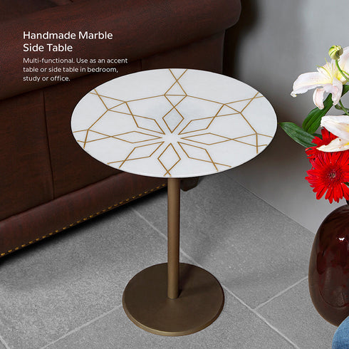White Marble Coffee Table with Brass Inlay
